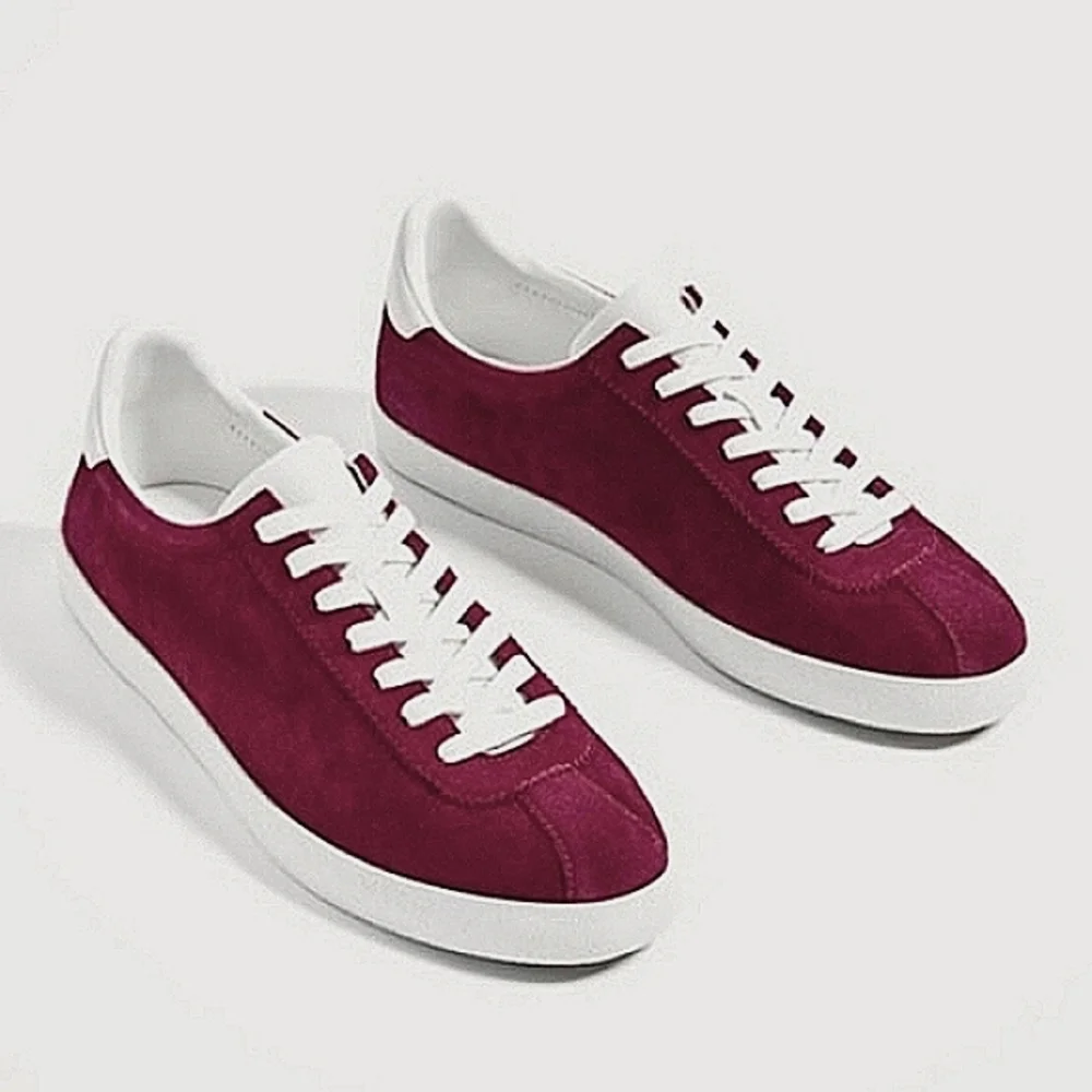 Excellent Used Condition Pair of Zara Woman Genuine Suede Burgundy Sneakers Sz38